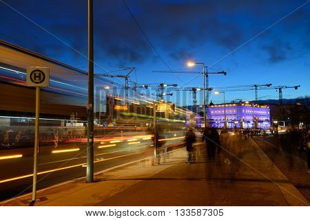 BERLIN - DECEMBER 26: Night traffic on 26 December 2014 in Berlin Germany. With a population of 3.5 million people Berlin is Germany's largest city.