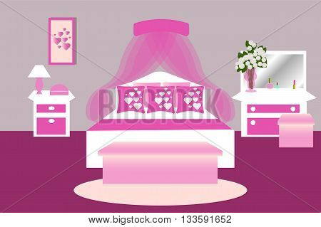 Bedroom interior in pink white color , bedroom design vector illustration