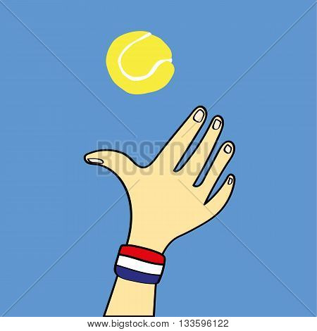 Hand with a red,white and blue sweat band on the wrist throwing a yellow tennis ball into the air ready for a serve