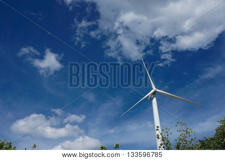 Horizontal-axis wind turbines that converts the wind's kinetic energy into electrical power with blue sky background