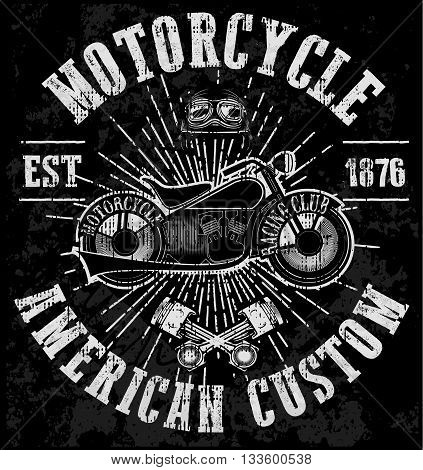 Motorcycle label t-shirt design with illustration of custom chopper