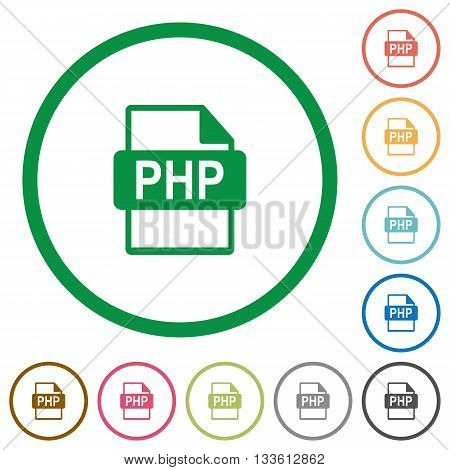 Set of PHP file format color round outlined flat icons on white background