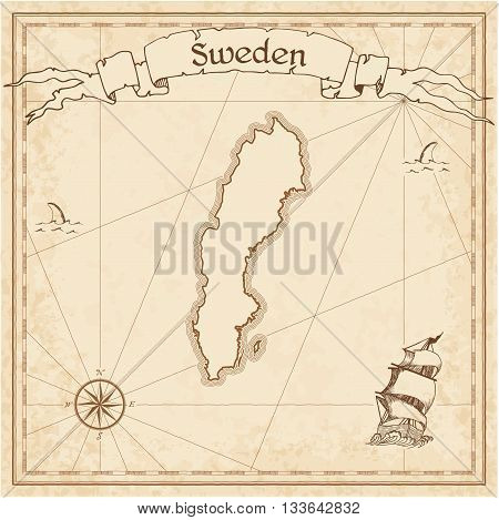 Sweden Old Treasure Map. Sepia Engraved Template Of Pirate Map. Stylized Pirate Map On Vintage Paper