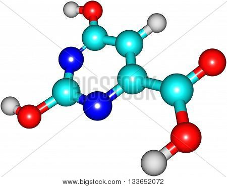 Orotic acid is a heterocyclic compound and it is also known as pyrimidinecarboxylic acid. It was believed to be part of the Vitamin B13. 3d illustration