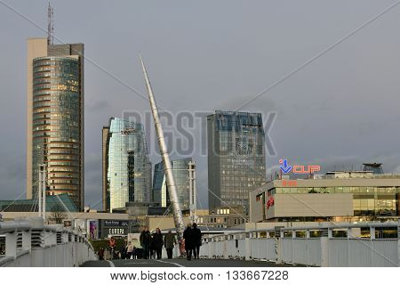 VILNIUS LITHUANIA - NOVEMBER 11: Office buildings in Vilnius on November 11 2015 in Vilnius Lithuania. Vilnius is the capital of Lithuania and its largest city.