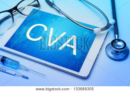 CVA word on tablet screen with medical equipment on background.