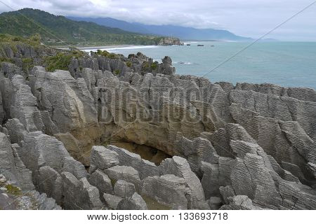The Pancake Rocks in Punakaiki on the west coast of New Zealand's South Island. A remarkable geological rock formation