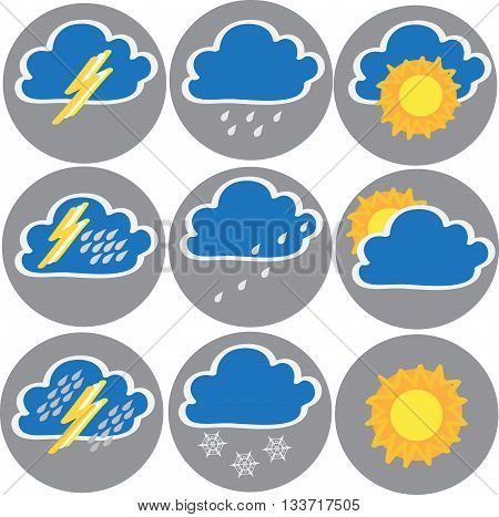 Nine icons of weather: clouds, sun, rain, terrible storm. Vector illustration.