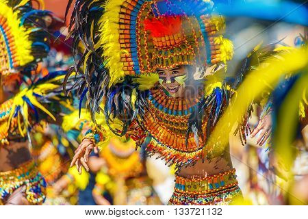 January 24th 2016. Iloilo Philippines. Festival Dinagyang. Unidentified people on parade in carnival costumes. Documentary Editorial Image.