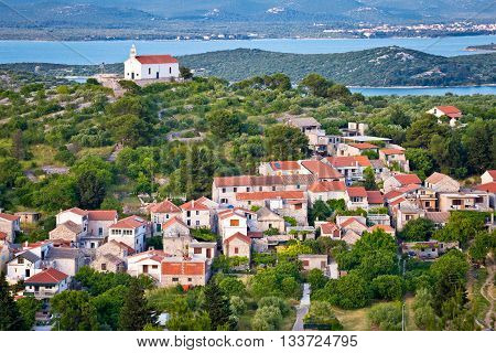 Island of Murter village and hill church historic heritage view Dalmatia Croatia
