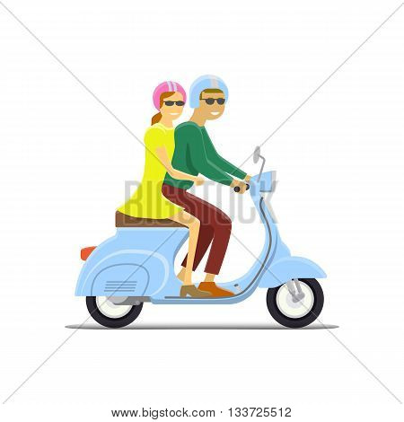 Moped Flat vector illustration. Boy and girl. Retro design