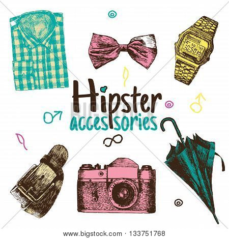 Vector hipster colorful set 1. Hipster colorful accessories in retro style on white background