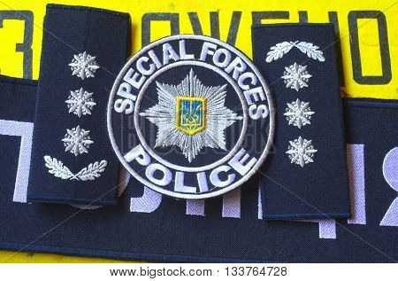 ILLUSTRATIVE EDITORIAL.Chevron of Ukrainian new pro-american police.June 7,2016 in Kiev, Ukraine