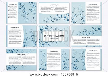 Set of modern business presentation templates in A4 size. Connection structure. Abstract background with molecule structure DNA and neurons.