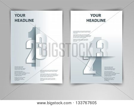 Abstract geometric design with 123 numbers in 3d, paper, origami style. Vector gray template layout for magazine cover, brochure, flyer, booklet and annual report in A4 size.