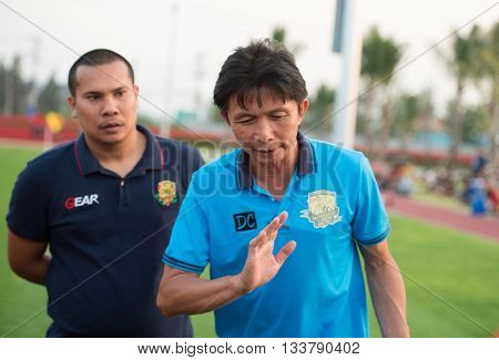 HUAHIN THAILAND-FEB62016 : Dusit Chaleamsean head coach of prachuap fc in action during friendly match pre-season during prachuap fc vs ratchaburi mitr pol fc at true arena huahin thailand