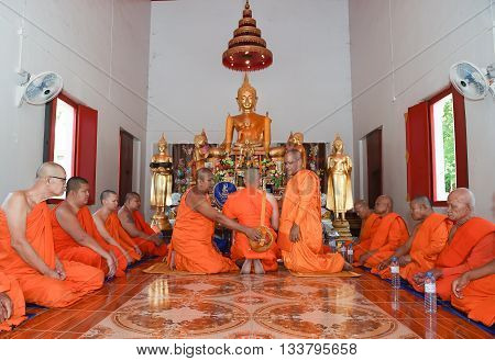 Nakhonnayok-thailand ,july 3 : Newly Ordained Buddhist Monk Pray With Priest Procession. Newly Ordai