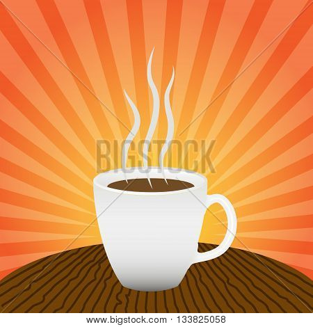 Cup with a hot drink on a wooden table against a background of a sunset or sunrise. Steam over a cup. Vector Image.