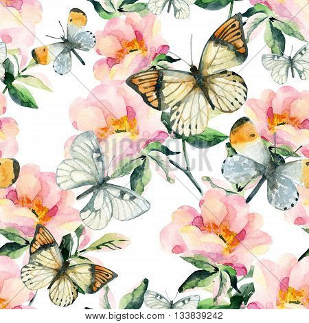 Watercolor briar flowers and butterfly seamless pattern. Pastel colored Dog Rose branches on white background. Hand painted illustration with paper texture