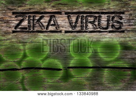 Zika virus text and virus fluorescent microscopy image on the wood texture with crack and grunge look