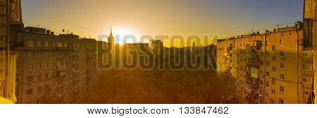 View to Moscow court and on high-rise buildings in the early morning at sunrise