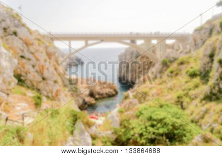 Defocused Background Of Scenic Seascape At Ciolo Bridge, Apulia, Italy