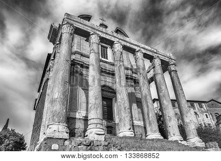 Ruins Of The Temple Of Antoninus And Faustina In Rome, Italy
