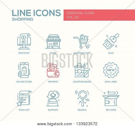 Set of modern vector simple line design icons and pictograms of shopping process elements. Discount, shopping cart, shop, sale, online store, payment, shopping bags, new label, wishlist, support, search, returns