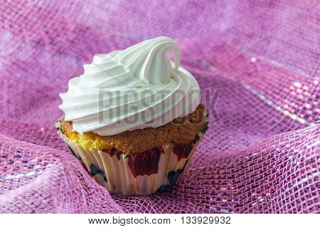 Tasty muffin cake with protein cream isolated on pink background