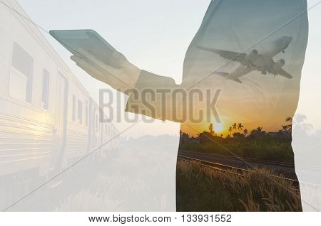 Double Exposure Of Businessman Hold Tablet And Train, Airplane