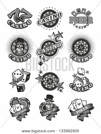 Set casino Vector badges small casino composition of the elements of the signs of good luck and the game in black and whitege