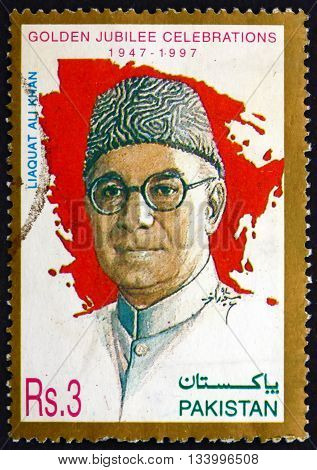 PAKISTAN - CIRCA 1997: a stamp printed in Pakistan shows Liaquat Ali Khan Statesman Lawyer and Political Theorist Was One of the Leading Founding Fathers of Pakistan Independence 50th Anniversary circa 1997