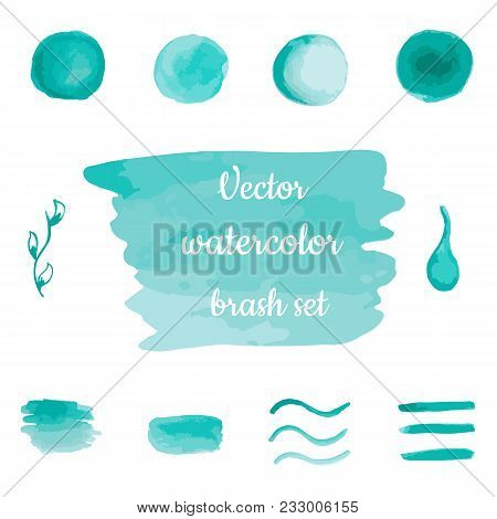 Set Of Watercolor Hand Drawn Brush Strokes In Blue Colors On White Background In Vector. Abstract St