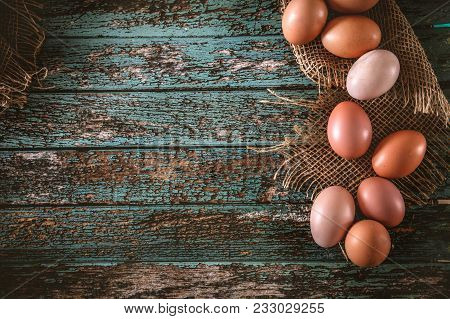 Organic Eggs On Wood. Fresh Eggs. Healhy Food