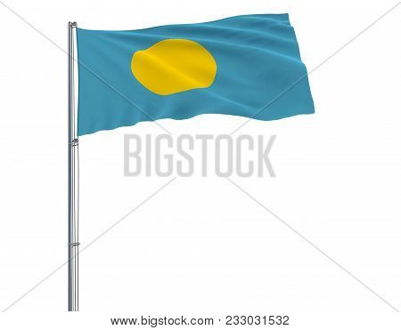 Isolate Flag Of Palau On A Flagpole Fluttering In The Wind On A White Background, 3d Rendering