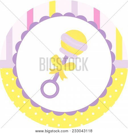 Cute Baby Rattle With A Ribbon Bow. Baby Shower Tag, Sticker For Shop Advertising. Vector Illustrati