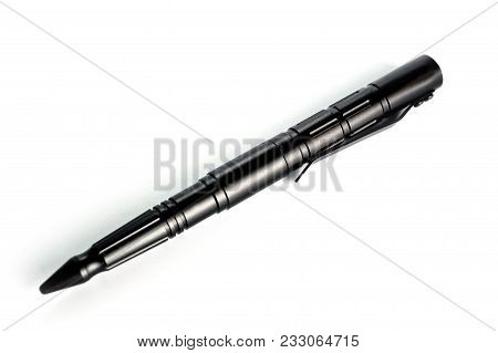 Aluminum Self-defense Tactical Ink Pen In Black On A White Background