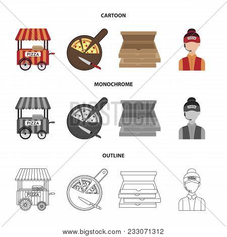 Mobile Trailer, Cutting Board For Pizza, Boxes, Salesman. Pizza And Pizzeria Set Collection Icons In