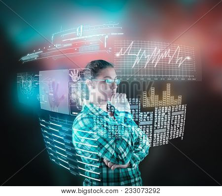 Thoughtful Woman Analyze The Data From Digital Screens.