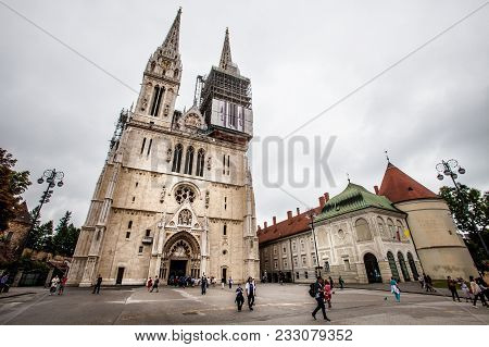 Zagreb, Croatia. August 17, 2015: The Zagreb Cathedral On Kaptol. Roman Catholic Institution. People