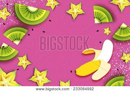 Slice Of Kiwi And Carambola. Banana Super Summer Sale Banner In Paper Cut Style. Origami Juicy Ripe 