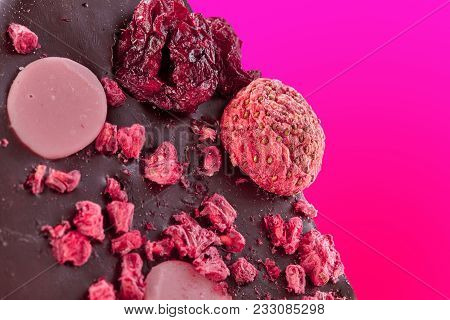 Strawberry Chocolate, Macro Photo With Piece Of Strawberries And Raspberries. Strawberries And Raspb