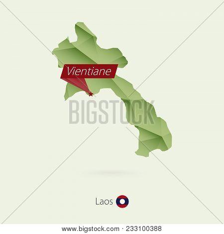 Green Gradient Low Poly Map Of Laos With Capital Vientiane