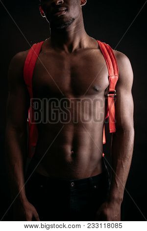 Close Up Cropped Portrait Of African Nacked Man With Pick Backpack