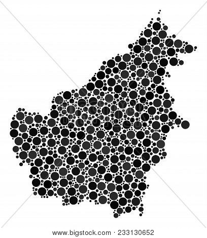 Borneo Island Map Collage Of Dots In Different Sizes And Color Shades. Filled Circles Are Organized 