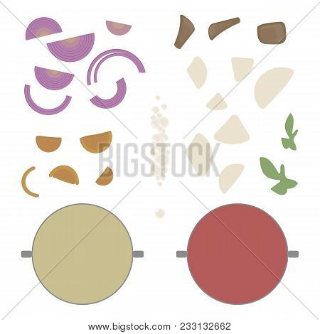 Vector Set Of Illustrations Two Pans, Vegetables, Soup: Onion, Potatoes, Meat And Greens Isolated On