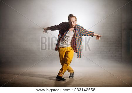 Young Singer Presenting Himself For Public In Yhe Street. Unusual Introduction