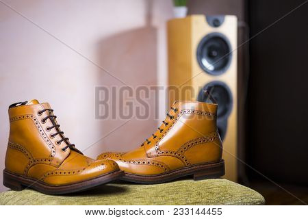 Premium Shoes Concepts And Variations. Mens Tanned Semi-brogue Boots On Soft Surface Indoors. Agains