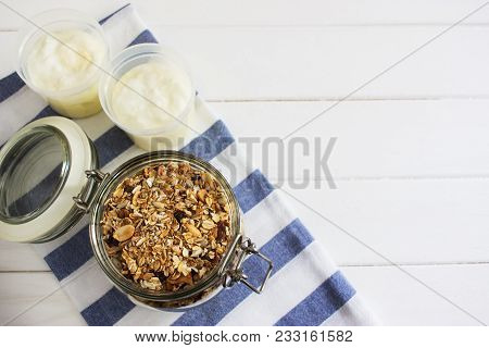 Healthy Homemade Granola Dried Fruits Oatflakes Wooden Table.