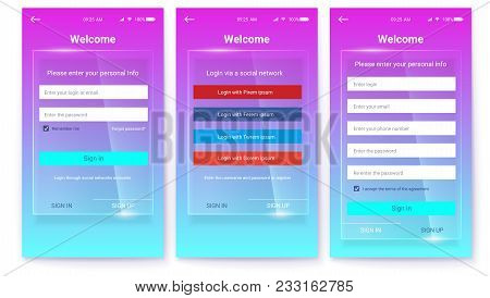 Kit Of Ux Screen On Glass Background. Register Or Authorization, Interface For Touchscreen Mobile Ap